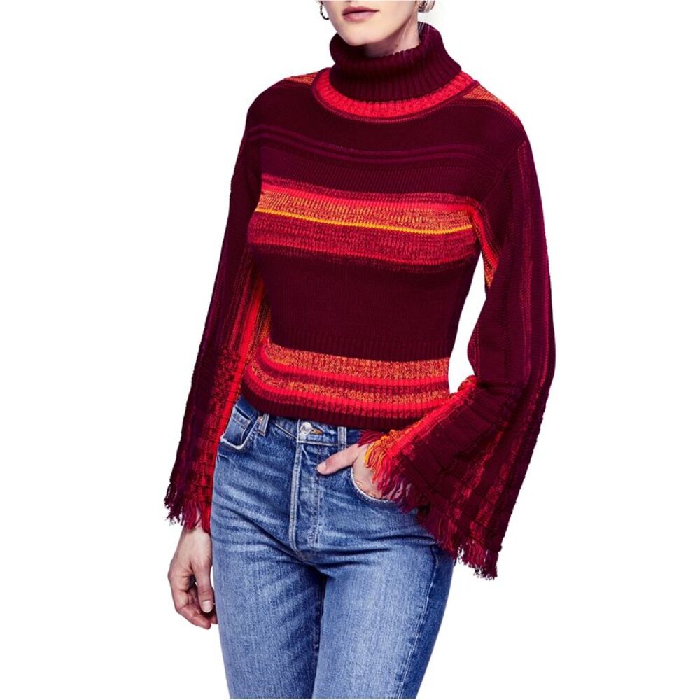 Free People Womens Fringed Sleeve Pullover Sweater, Multicoloured, S, DM